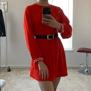 H&M BRIGHT RED DRESS EMBELLISHED W/ PEARL SCUFFS